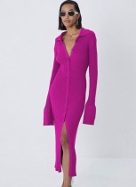 Winter Casual Purple Knit Button Up Long Dress