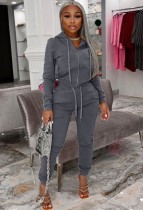 Autumn Casual Grey Zip Up Hoody Tracksuit