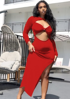 Autumn Red Cut Out Sexy Irregular Long Party Dress
