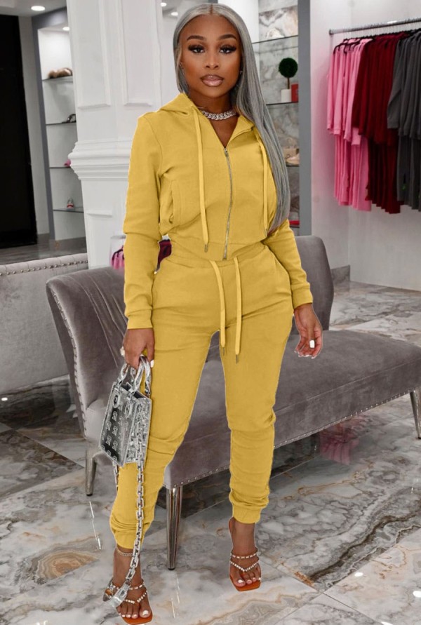 Autumn Casual Yellow Zip Up Hoody Tracksuit