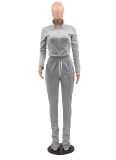 Winter Cotton Blend Grey Crop Top and Pants 2 Piece Tracksuit