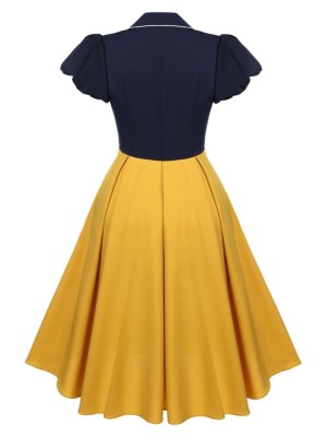 Autumn Formal Blue and Yellow V-Neck Short Sleeve Vintage Prom Dress