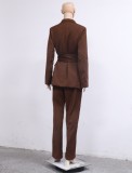 Autumn Professional Brown Office Blazer and Pants Suit with Matching Belt