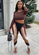 Autumn Sexy Print Brown Tight Crop Top and Pants Legging Set