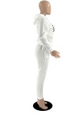 Winter Sports Print White Jogging Hooded Top and Pants 2 Piece Sweatsuit