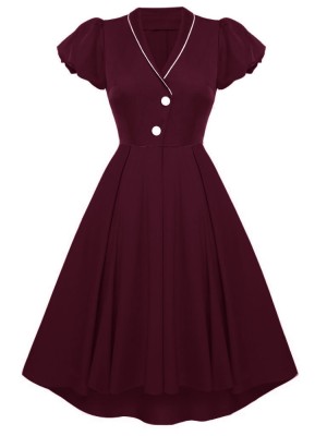 Autumn Formal Burgunry V-Neck Short Sleeve Vintage Prom Dress