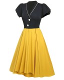 Autumn Formal Black and Yellow V-Neck Short Sleeve Vintage Prom Dress