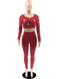 Autumn Sexy Red Cut Out Tight Crop Top and High Waist Pants Set