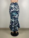 Autumn Formal Camo Print High Low Mermaid High Waist Curvy Skirt