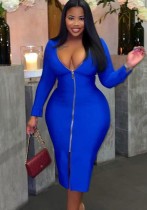 Winter Plus Size Blue V-Neck Zippers Long Bodycon Dress