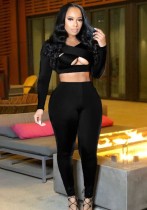Autumn Sexy Black Cut Out Tight Crop Top and High Waist Pants Set
