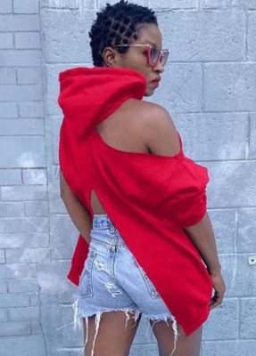 Autumn Letter Print Red Cut Out Shoulder Hoody Sweatshirt