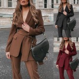 Autumn Professional Burgunry Office Blazer and Pants Suit with Matching Belt