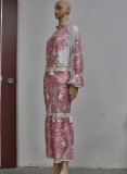 Autumn Formal Print Pink Vintage Top and Long Skirt 2 Piece Set