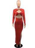 Autumn Red Cut Out Sexy Irregular Long Party Dress