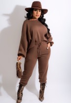 Winter Brown Crew Neck Loose Top and Sweatpants 2PC Lounge Set