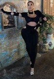 Autumn Party Sexy Cut Out Black Long Sleeve Tight Jumpsuit