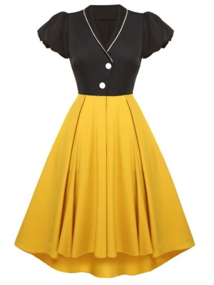 Autumn Formal Black and Yellow V-Neck Short Sleeve Vintage Prom Dress