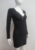 Winter Casual Black Knit Zipper Long Sleeve Mini Dress
