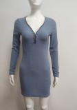 Winter Casual Blue Knit Zipper Long Sleeve Mini Dress