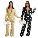 Autumn Black Professional Polka Dot Blazer and Pants 2 Piece Office Suit