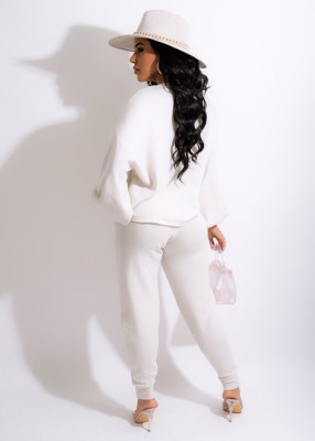 Winter White Crew Neck Loose Top and Sweatpants 2PC Lounge Set