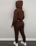 Winter Casual Brown Kangaroo Pocket Long Sleeve Hoodies And Pant Set