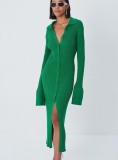 Winter Casual Green Knit Button Up Long Dress