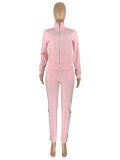 Autumn Sports Pink Stripes Zipper Top and Pants 2PC Tracksuit