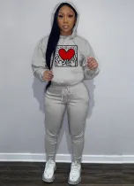 Winter Sports Print Grey Jogging Hooded Top and Pants 2 Piece Sweatsuit