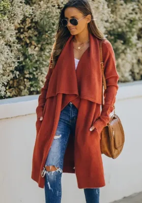 Autumn Orange Turndown Collar Irregular Long Cardigans