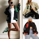 Winter Casual Beige With Green Letter Contrast Pu Leather Sport Jacket
