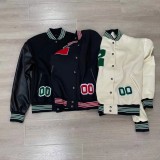 Winter Casual Black With Green Letter Contrast Pu Leather Sport Jacket