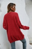 Autumn Red Knit Long Sleeve Cardigans with Pockets