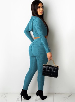Fall Casual Blue Puckers Zipper Hood Long Sleeve Crop Top And Pant Two Piece Set