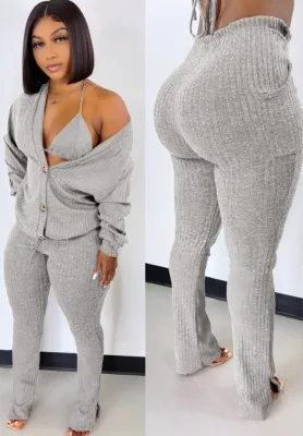 Autumn Casual 3 Piece Gray Knit Pants Set