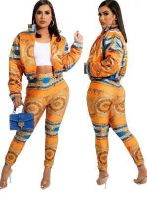 Fall Retro Orange Printed Zipper Jacket and Skinny Pants Set