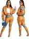 Fall Retro Orange Printed Zipper Jacket and Skinny Pants Set
