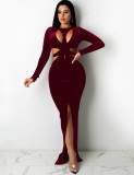 Fall Sexy Red Hollow Out Bandage Long Sleeve Slit Long Dress