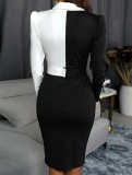 Winter Black And White V Neck Long Sleeve Office Midi Dress