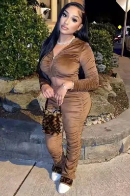 Fall Trendy Brown Velvet Ruched Crop Hoody Two Piece Tracksuits