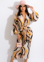 Fall Trendy Printed Apricot Button Up Puff Sleeve Casual Long Dress