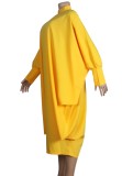 Fall Plus Size Yellow Keyhole Batwing Sleeve Loose Dress