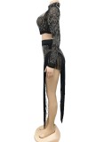 Fall Sexy Black Rhinestone High Collar Long Sleeve Crop Top And Tassels Slit Dress Two Piece Set