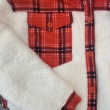 Winter Casual Red Check Porcket With Berber Fleece Shirt Coat