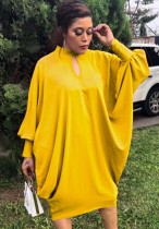 Fall Plus Size Yellow Keyhole Batwing Sleeve Loose Dress