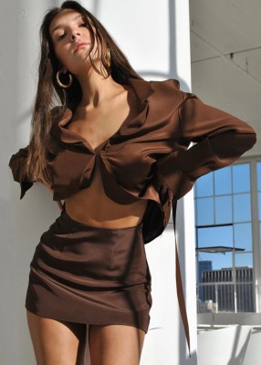Fall Sexy Brown Satin Long Sleeve Crop Top And Skirt Two Piece Set