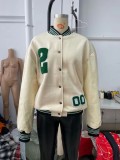 Winter Casual Beige With Green Letter Contrast Pu Leather Sport Jacket