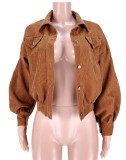 Winter Casual Brown Corduroy Jacket with Puff sleeve