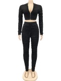 Fall Casual Black Puckers Zipper Hood Long Sleeve Crop Top And Pant Two Piece Set